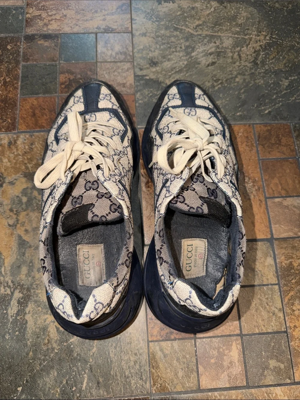 Gucci Beige Canvas GG Logo Sneakers with Navy Trim